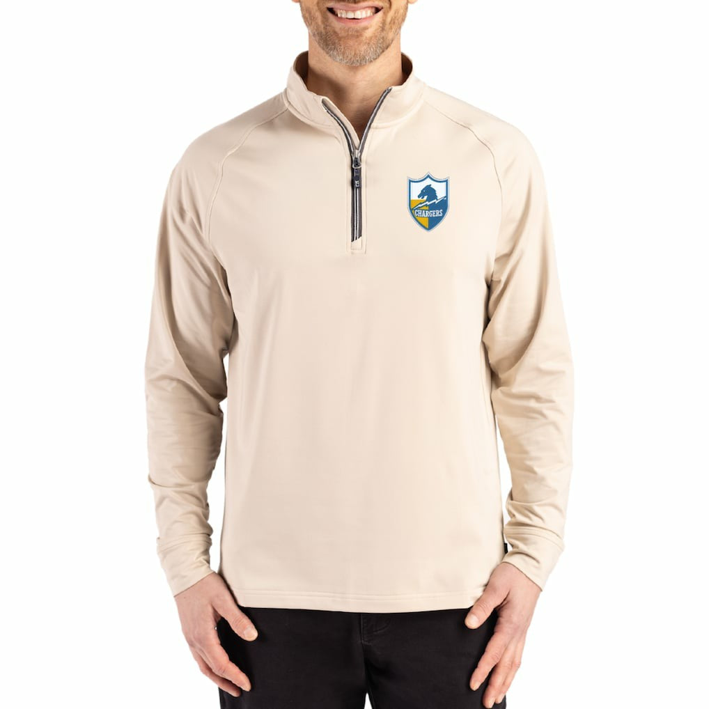 Los Angeles Chargers Cutter & Buck Throwback Logo Adapt Eco Knit Stretch Recycled Quarter-Zip Pullover - Tan on sale