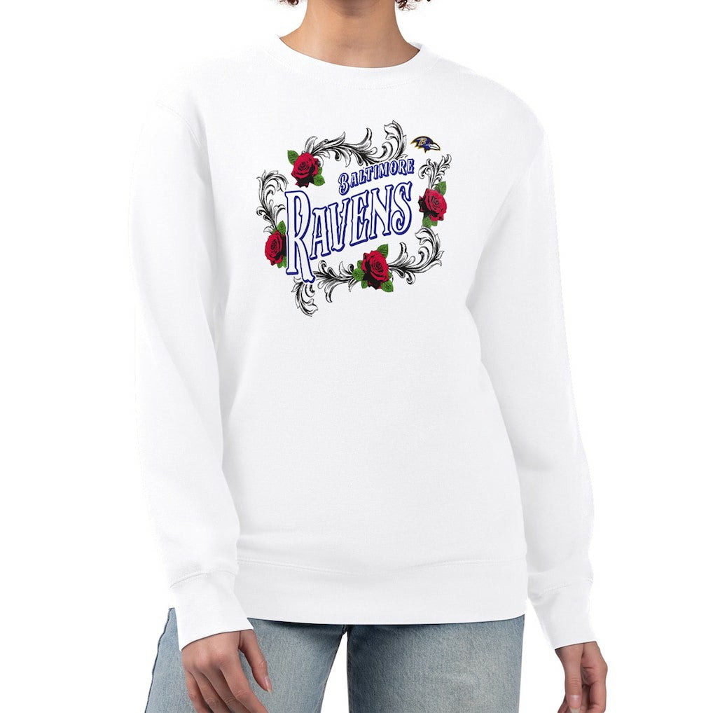 Baltimore Ravens G-III 4Her by Carl Banks Women's Roses Fleece Tri-Blend Pullover Sweatshirt - White discount