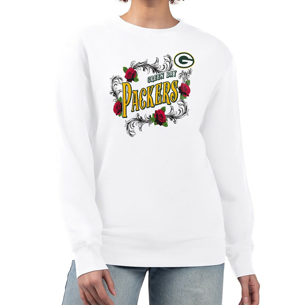 Green Bay Packers G-III 4Her by Carl Banks Women's Roses Fleece Tri-Blend Pullover Sweatshirt - White sale