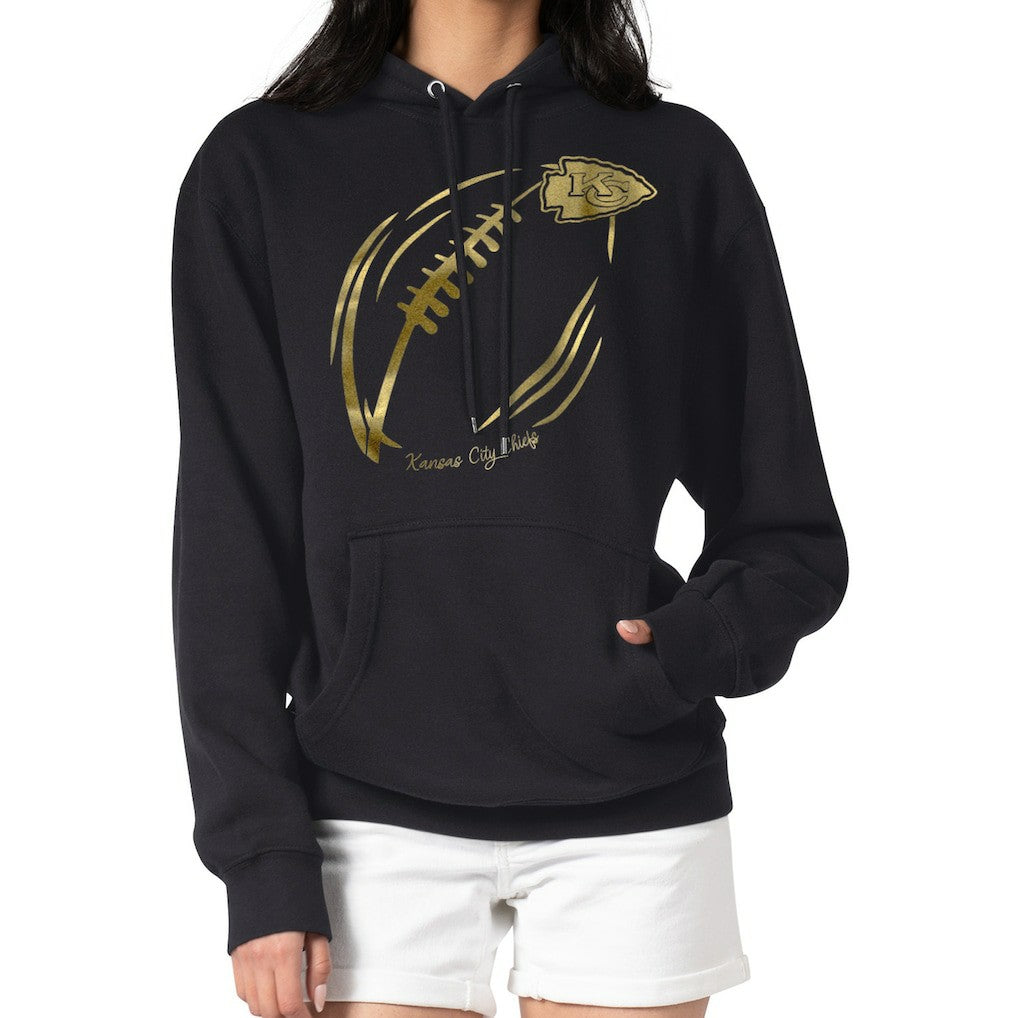 Kansas City Chiefs G-III 4Her by Carl Banks Women's Metallic Print Football Sketch Fleece Pullover Hoodie - Black outlet