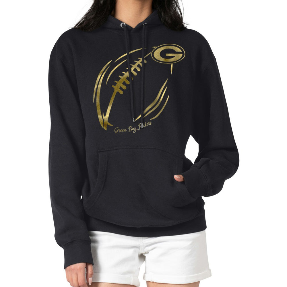 Green Bay Packers G-III 4Her by Carl Banks Women's Metallic Print Football Sketch Fleece Pullover Hoodie - Black for sale