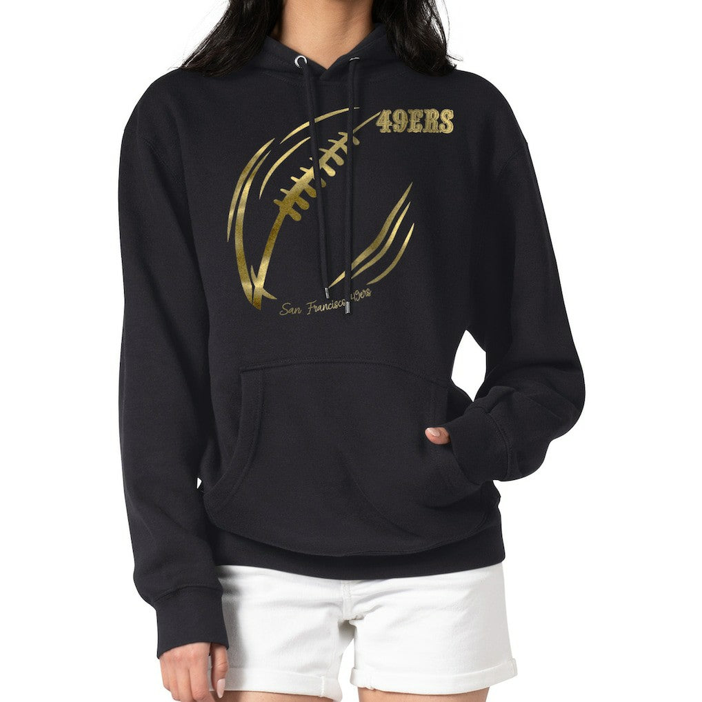 San Francisco 49ers G-III 4Her by Carl Banks Women's Metallic Print Football Sketch Fleece Pullover Hoodie - Black discount