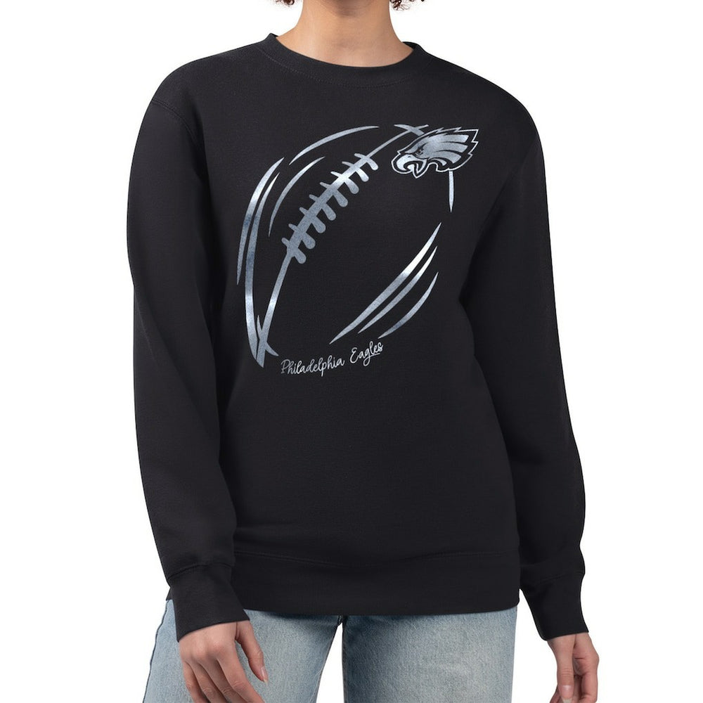 Philadelphia Eagles G-III 4Her by Carl Banks Women's Metallic Print Football Sketch Fleece Crewneck Sweatshirt - Black sale
