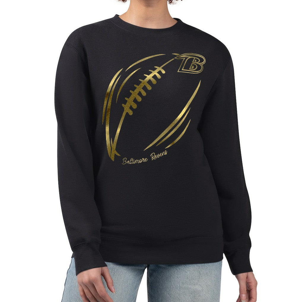 Baltimore Ravens G-III 4Her by Carl Banks Women's Metallic Print Football Sketch Fleece Crewneck Sweatshirt - Black discount