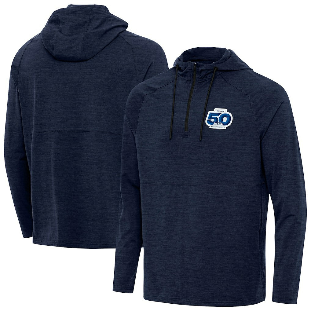 Seattle Seahawks Antigua 50th Season Spikes Raglan Quarter-Zip Hoodie - College Navy on sale