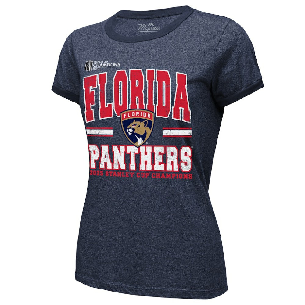 Florida Panthers Majestic Threads Women's 2025 Stanley Cup Champions Tri-Blend Ringer T-Shirt - Navy T-shirts