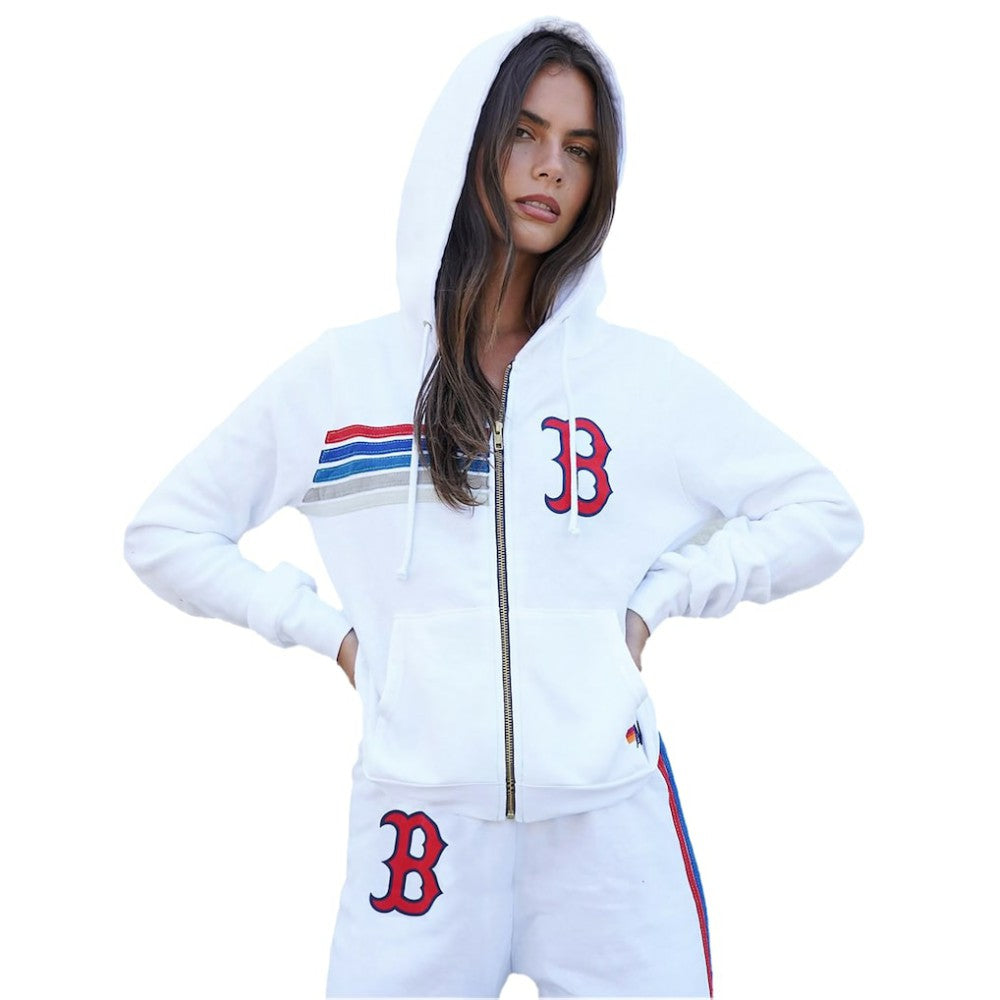 Boston Red Sox Aviator Nation x MLB Unisex Five-Stripe Tri-Blend Full-Zip Hoodie White