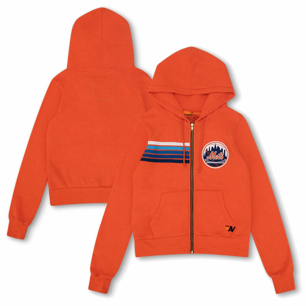 New York Mets Aviator Nation x MLB Unisex Five-Stripe Tri-Blend Full-Zip Hoodie Orange