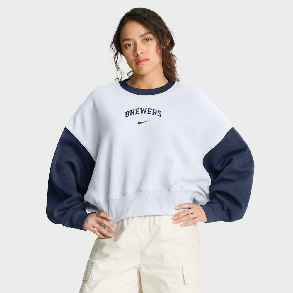 Milwaukee Brewers Women's Oversized High Hip Fleece Sweatshirt White/Navy