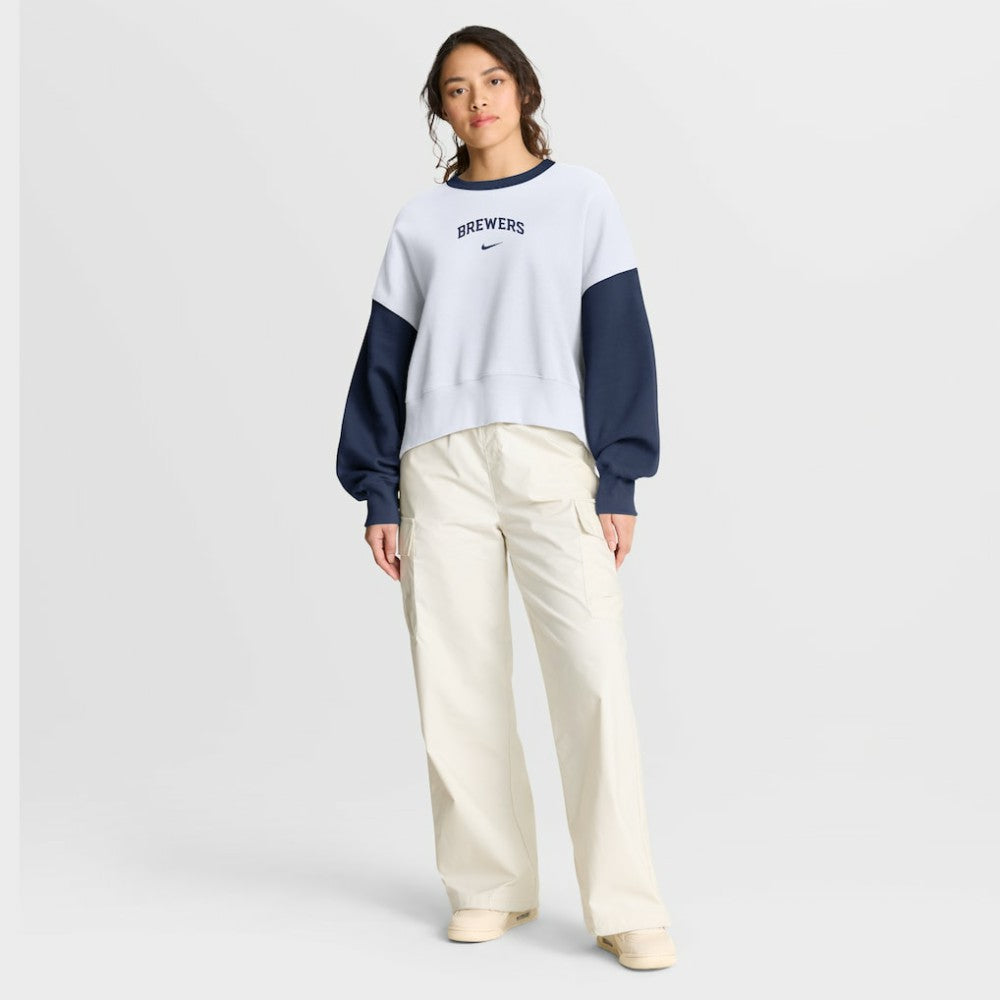 Milwaukee Brewers Women's Oversized High Hip Fleece Sweatshirt White/Navy