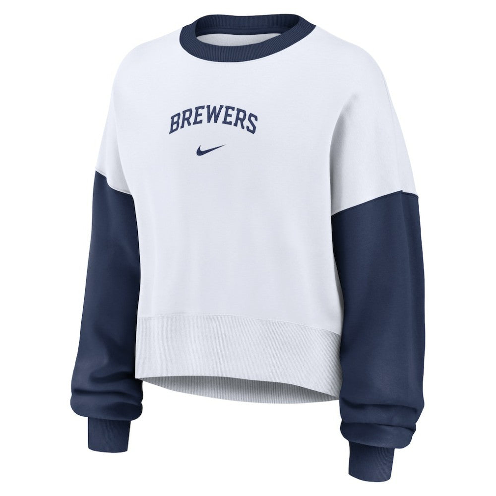 Milwaukee Brewers Women's Oversized High Hip Fleece Sweatshirt White/Navy