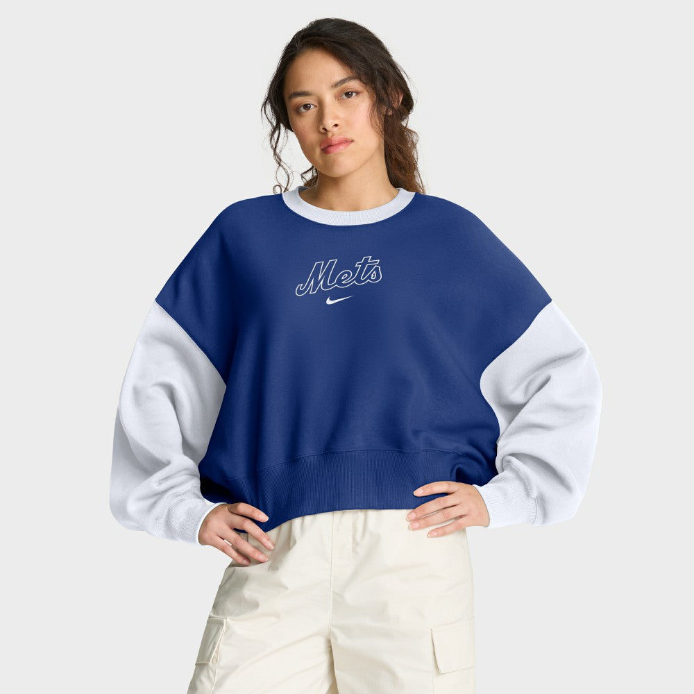 New York Mets Women's Oversized High Hip Fleece Sweatshirt Royal/White