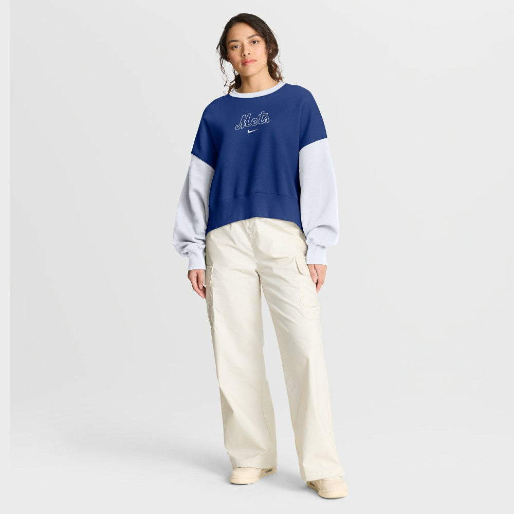 New York Mets Women's Oversized High Hip Fleece Sweatshirt Royal/White