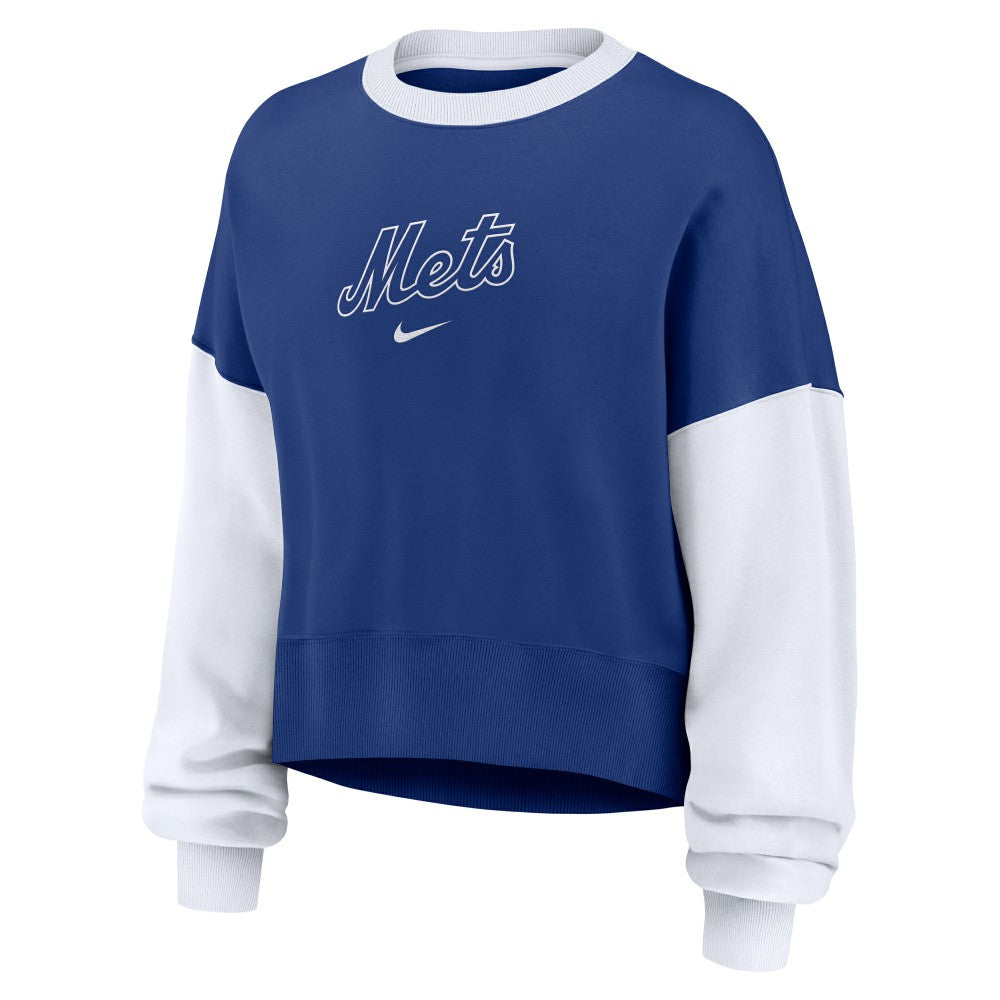 New York Mets Women's Oversized High Hip Fleece Sweatshirt Royal/White