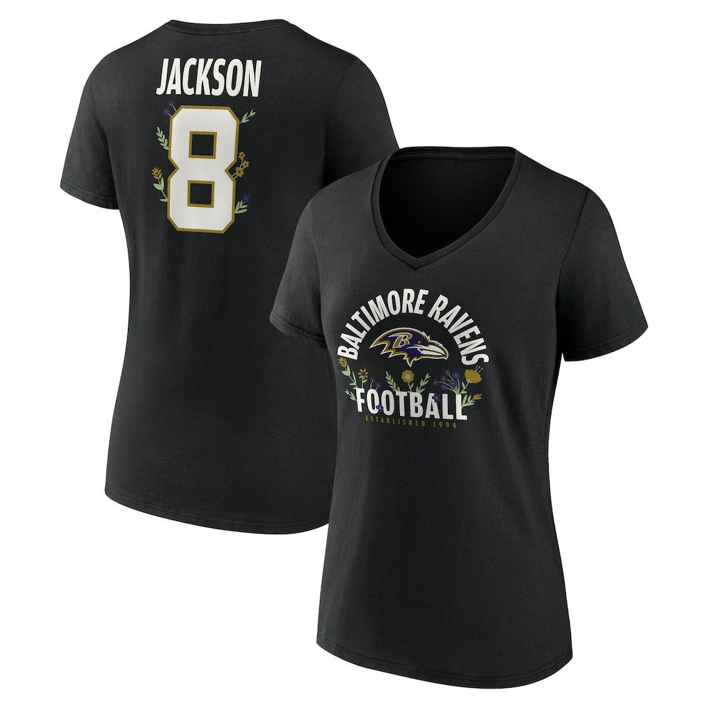 Lamar Jackson Baltimore Ravens Women's Floral Name & Number V-Neck T-Shirt - Black sale