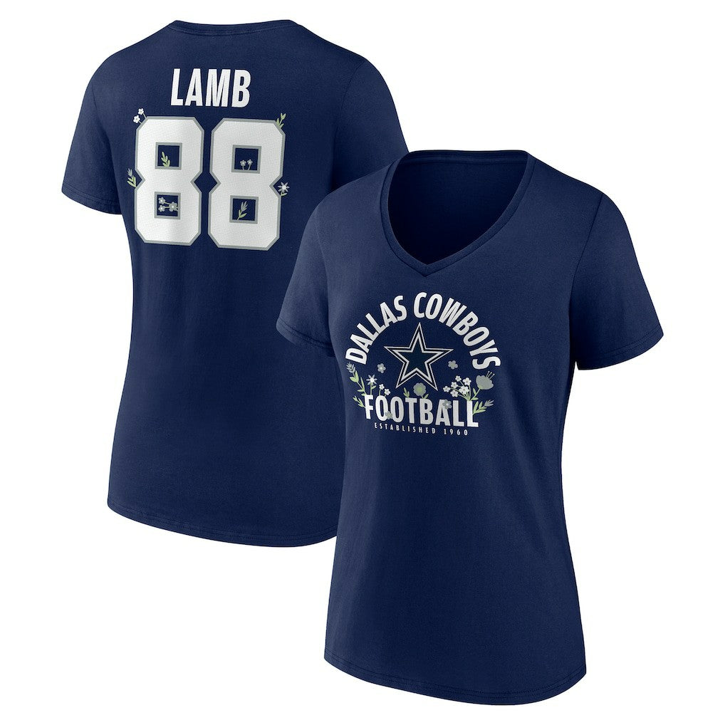 CeeDee Lamb Dallas Cowboys Women's Floral Name & Number V-Neck T-Shirt - Navy discount
