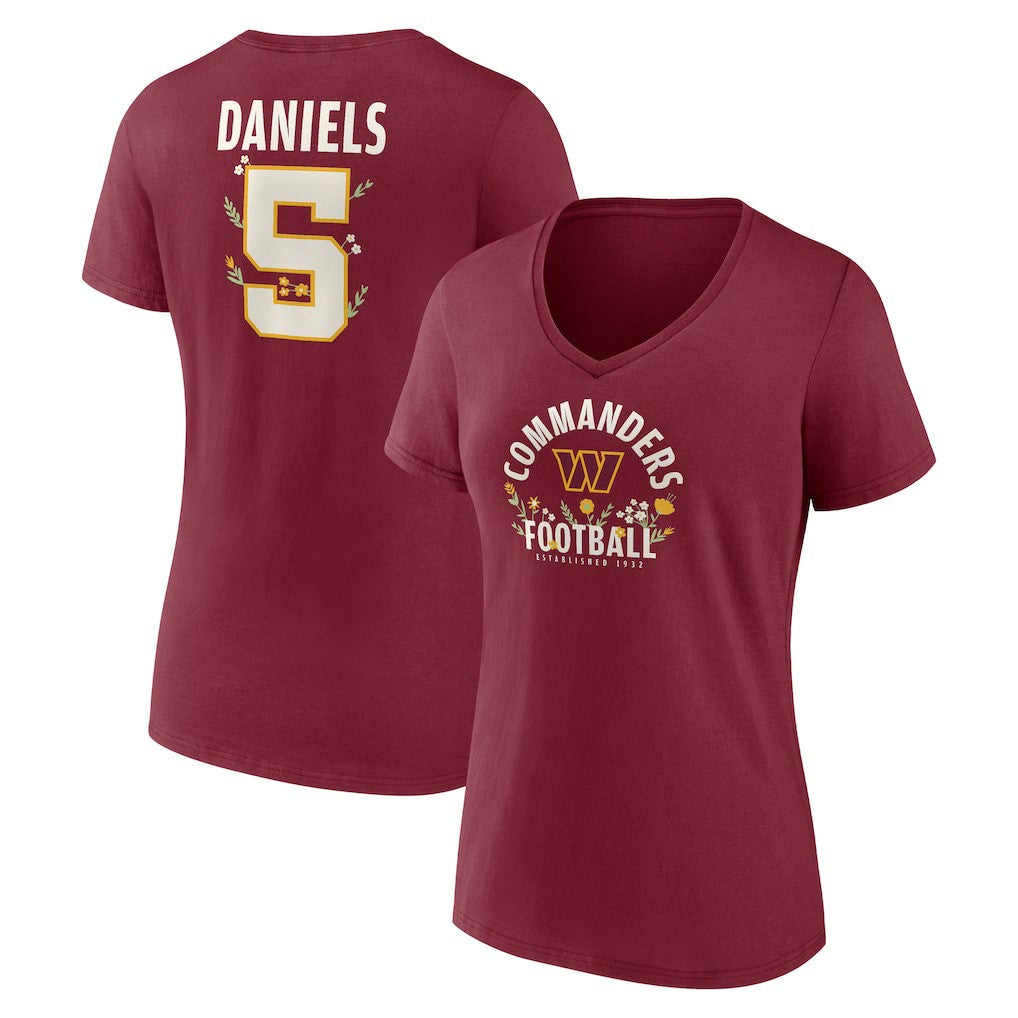 Jayden Daniels Washington Commanders Women's Floral Name & Number V-Neck T-Shirt - Garnet discount