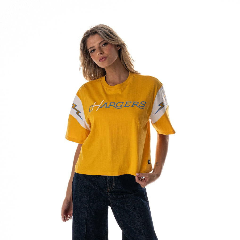 Los Angeles Chargers The Wild Collective Women's Charger Power Contrast Sleeve Insert T-Shirt - Gold online