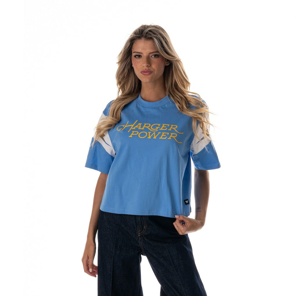 Los Angeles Chargers The Wild Collective Women's Charger Power Contrast Sleeve Insert T-Shirt - Powder Blue cheap