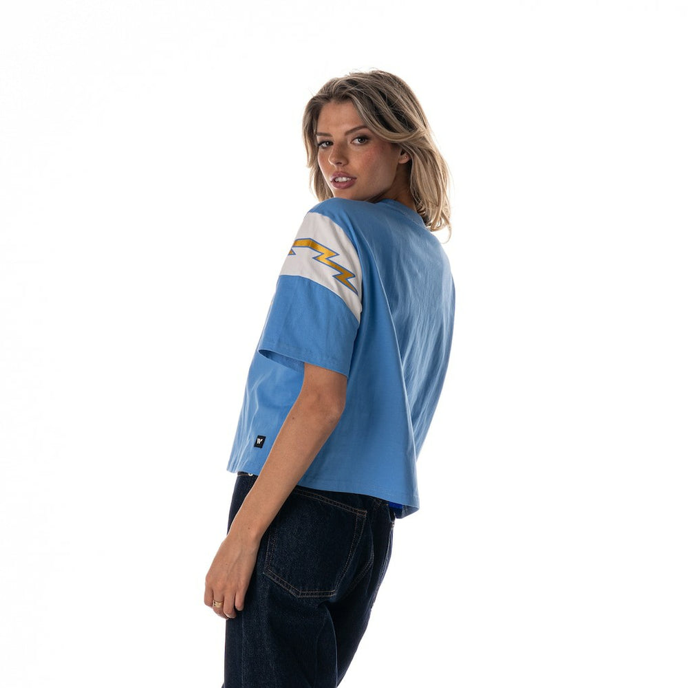 Los Angeles Chargers The Wild Collective Women's Charger Power Contrast Sleeve Insert T-Shirt - Powder Blue cheap