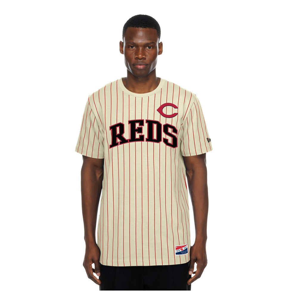 Cincinnati Reds Throwback Meshback Pinstripe T-Shirt Cream