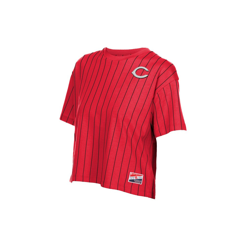 Cincinnati Reds Women's Throwback Meshback Pinstripe Boxy T-Shirt Red