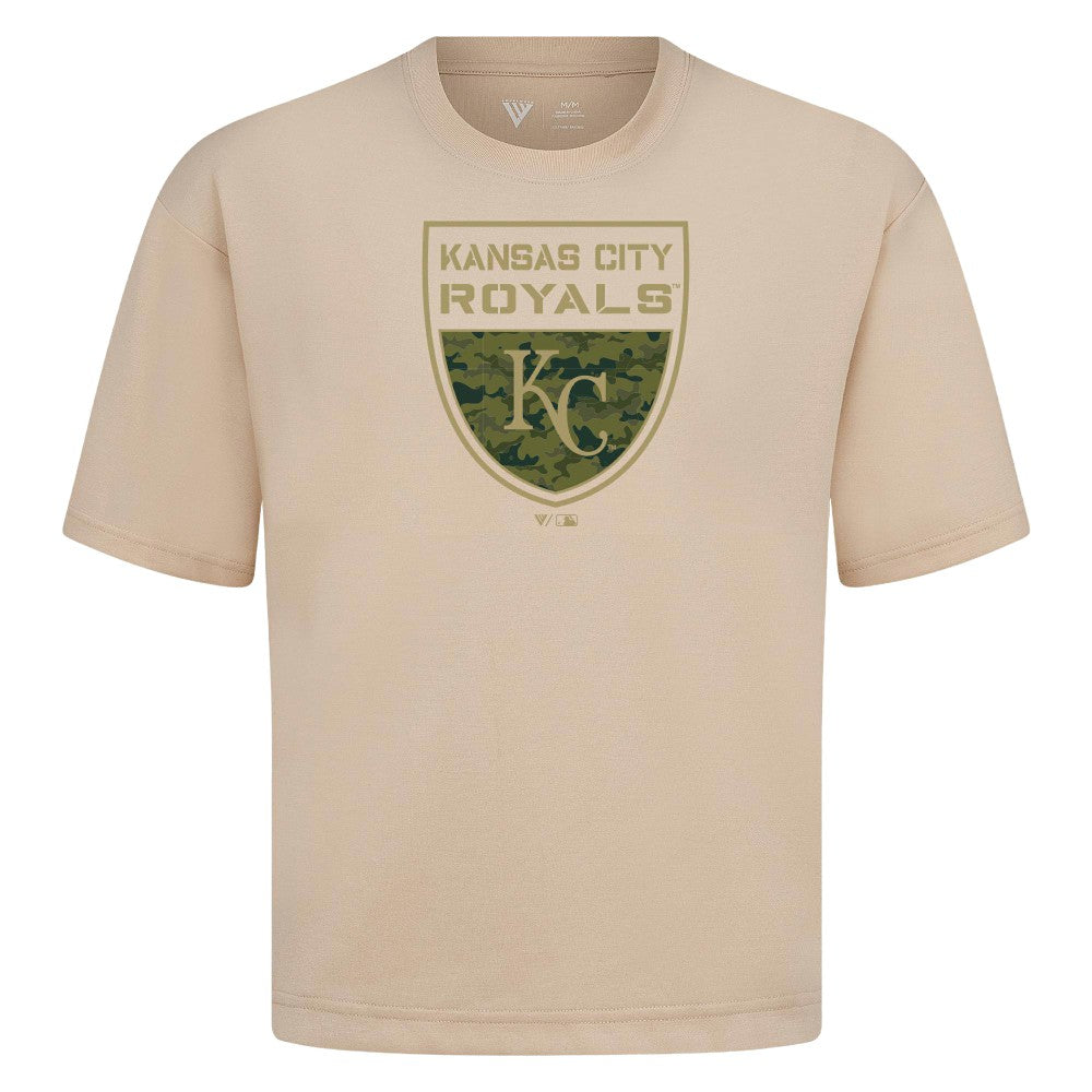Kansas City Royals Levelwear Oversized Luxe Signature Knit Buckler T-Shirt Khaki