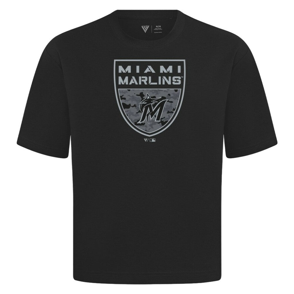 Miami Marlins Levelwear Oversized Luxe Signature Knit Buckler T-Shirt Black