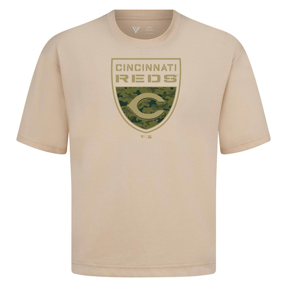 Cincinnati Reds Levelwear Oversized Luxe Signature Knit Buckler T-Shirt Khaki