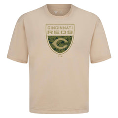 Cincinnati Reds Levelwear Oversized Luxe Signature Knit Buckler T-Shirt Khaki