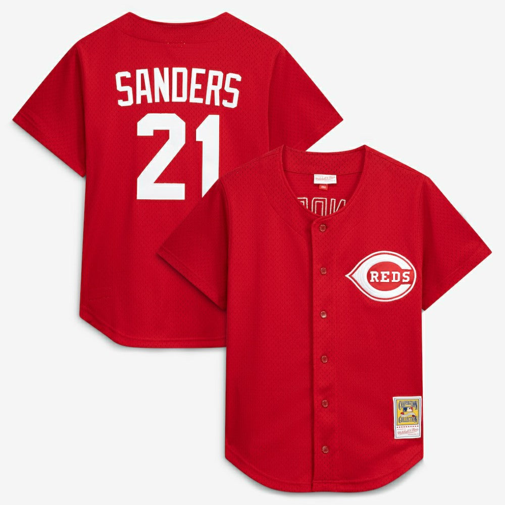 Deion Sanders Cincinnati Reds Cooperstown Mesh Batting Practice Button-Up Jersey Red