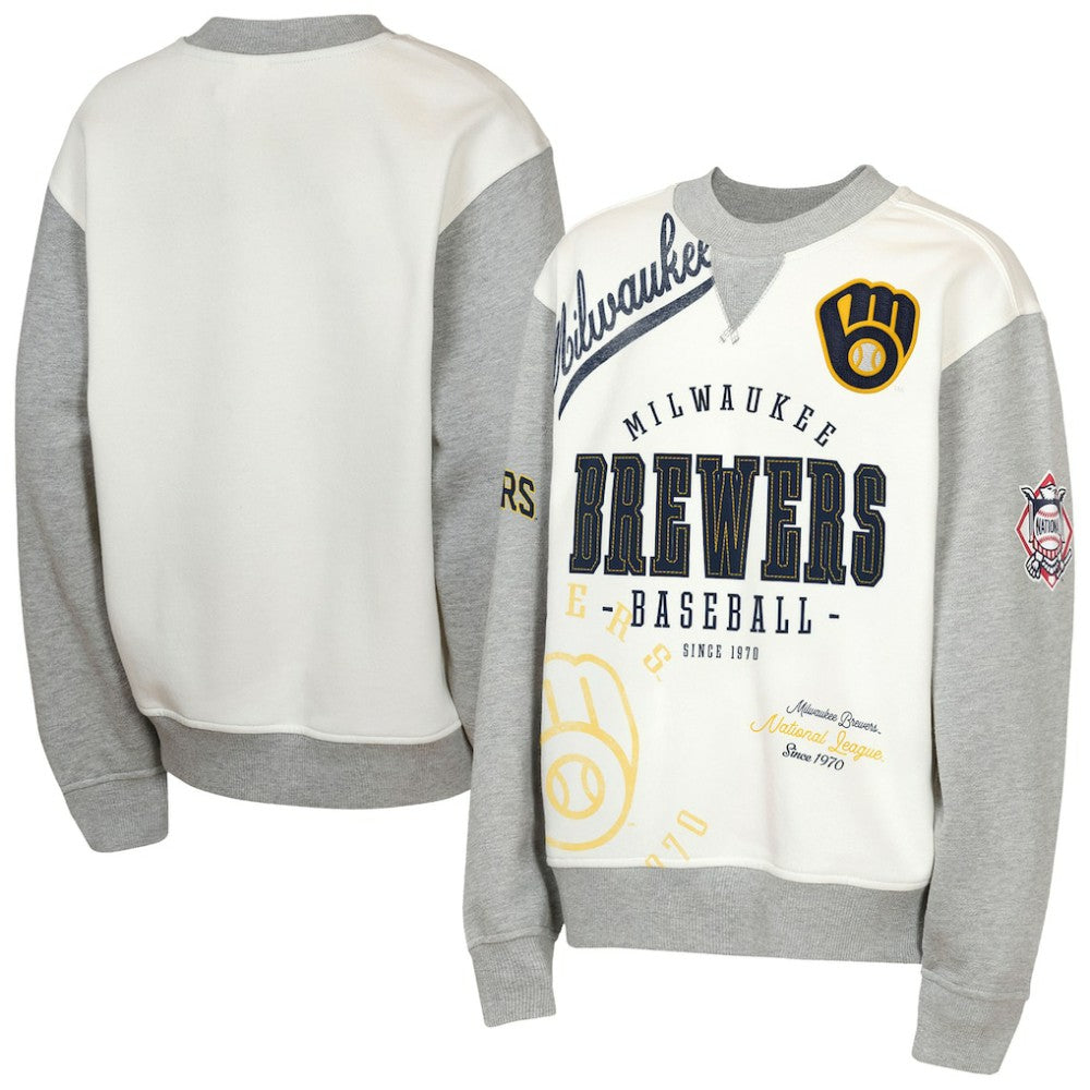 Milwaukee Brewers Outerstuff Youth Big League Power Hit Fleece Sweatshirt Cream/Gray