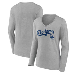 Los Angeles Dodgers Women's Team Lockup Long Sleeve V-Neck T-Shirt Gray