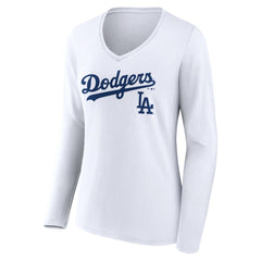 Los Angeles Dodgers Women's Team Lockup Long Sleeve V-Neck T-Shirt White
