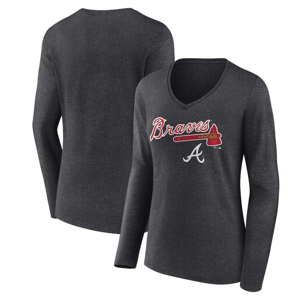 Atlanta Braves Women's Team Lockup Long Sleeve V-Neck T-Shirt Charcoal