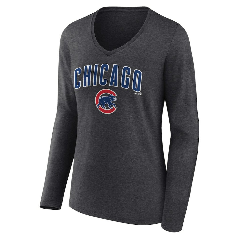 Chicago Cubs Women's Team Lockup Long Sleeve V-Neck T-Shirt Charcoal