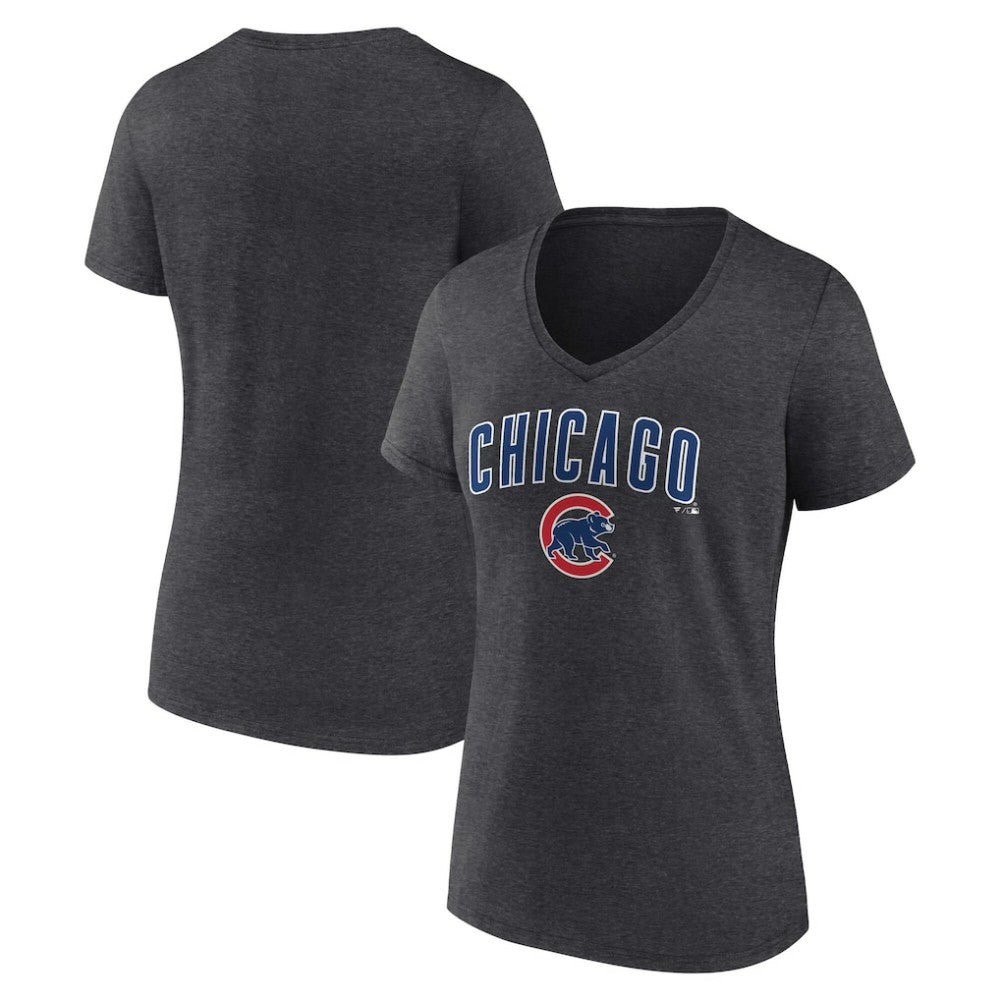Chicago Cubs Women's Team Lockup V-Neck T-Shirt Charcoal