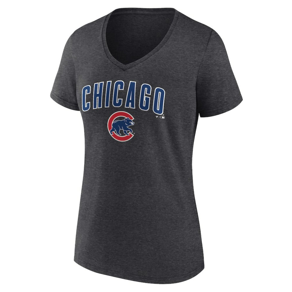 Chicago Cubs Women's Team Lockup V-Neck T-Shirt Charcoal