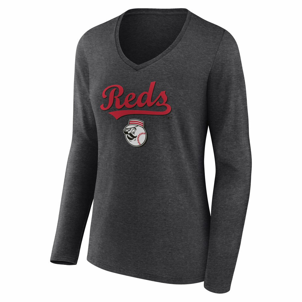 Cincinnati Reds Women's Team Lockup Long Sleeve V-Neck T-Shirt Charcoal