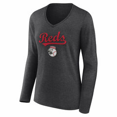 Cincinnati Reds Women's Team Lockup Long Sleeve V-Neck T-Shirt Charcoal