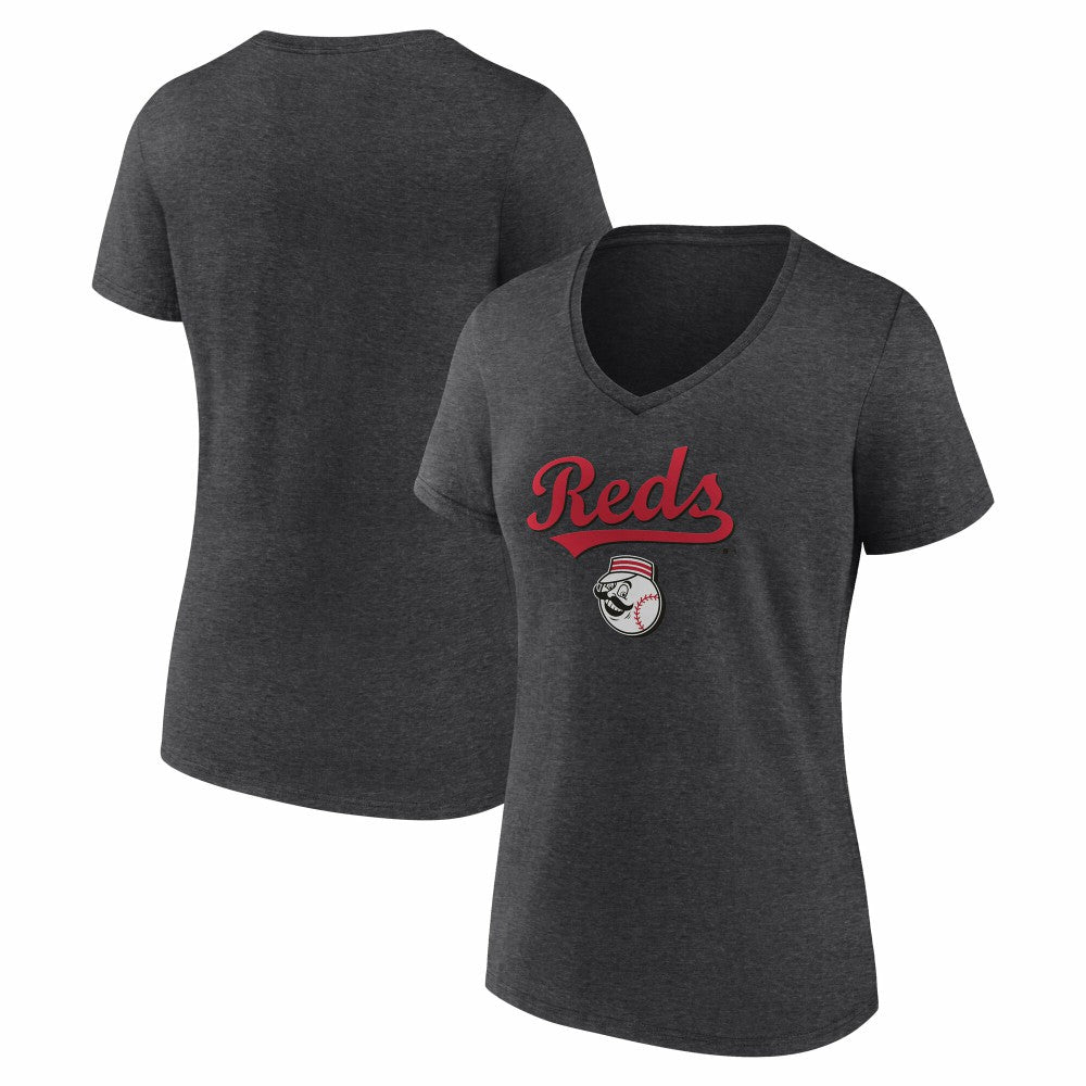 Cincinnati Reds Women's Team Lockup V-Neck T-Shirt Charcoal