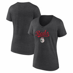 Cincinnati Reds Women's Team Lockup V-Neck T-Shirt Charcoal