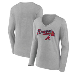 Atlanta Braves Women's Team Lockup Long Sleeve V-Neck T-Shirt Gray
