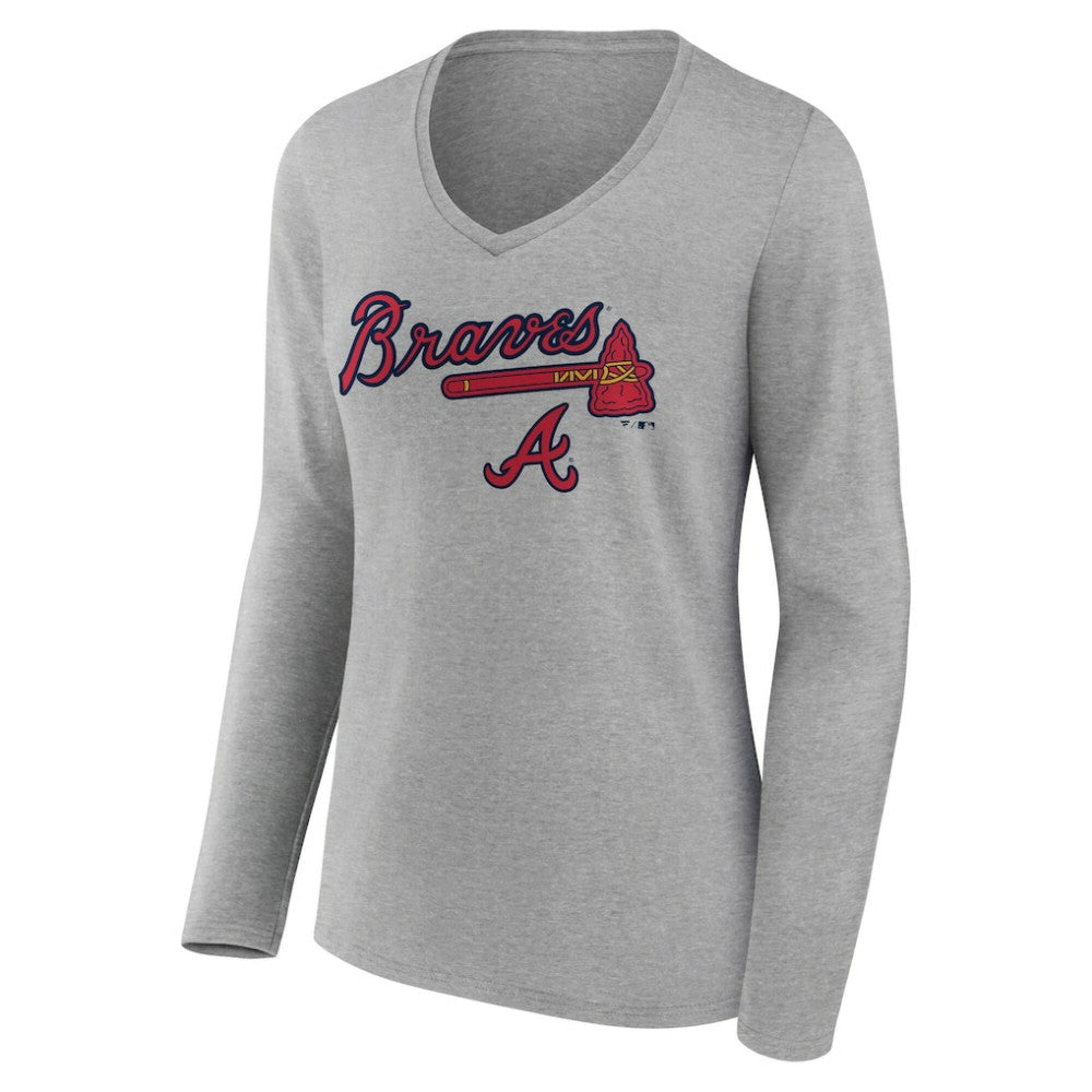 Atlanta Braves Women's Team Lockup Long Sleeve V-Neck T-Shirt Gray
