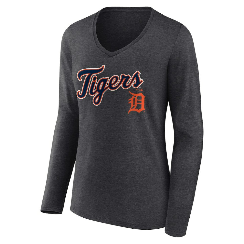 Detroit Tigers Women's Team Lockup Long Sleeve V-Neck T-Shirt Charcoal