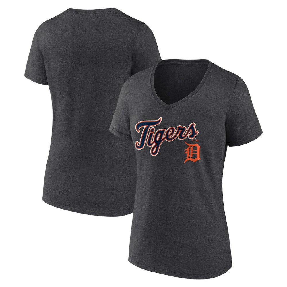 Detroit Tigers Women's Team Lockup V-Neck T-Shirt Charcoal