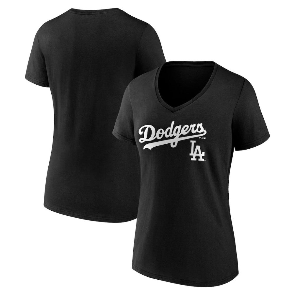 Los Angeles Dodgers Women's Team Lockup V-Neck T-Shirt Black