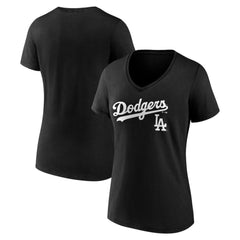 Los Angeles Dodgers Women's Team Lockup V-Neck T-Shirt Black