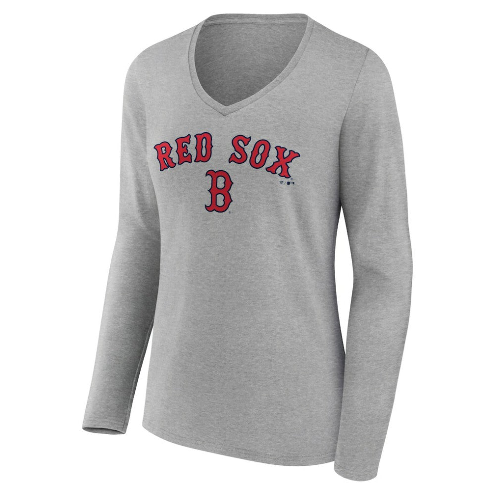 Boston Red Sox Women's Team Lockup Long Sleeve V-Neck T-Shirt Gray