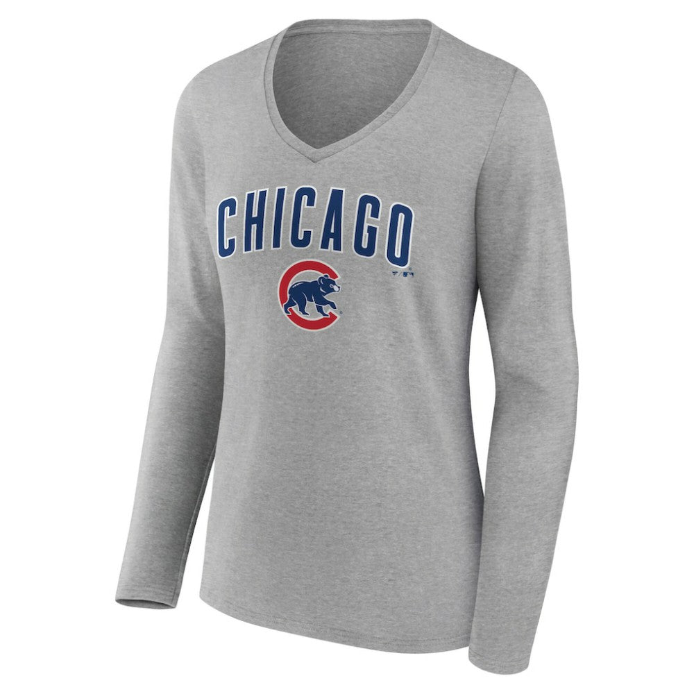 Chicago Cubs Women's Team Lockup Long Sleeve V-Neck T-Shirt Gray